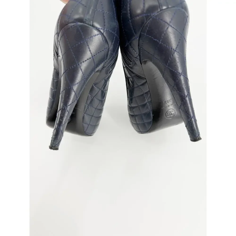 Chanel Navy Black Quilted Cap Toe Dual Zip Sock Ankle Booties Size 39.5 EU Boots